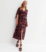 New Look Black Floral V Neck Button Front Tie Sleeve Midi Dress